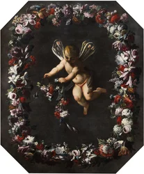 Putto with Dragonfly Wings in a Wreath of Flowers
